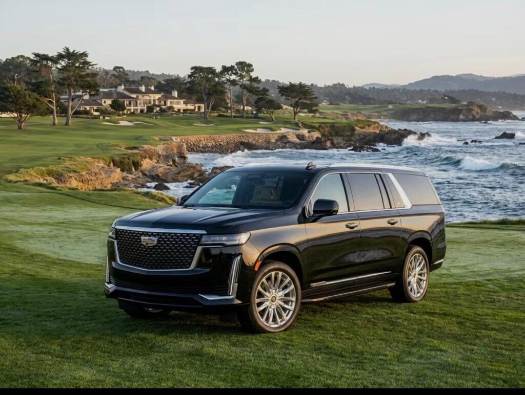 Black Cadillac Escalade ESV on the Pebble Beach golf course fairway with the Lodge and Pacific Ocean