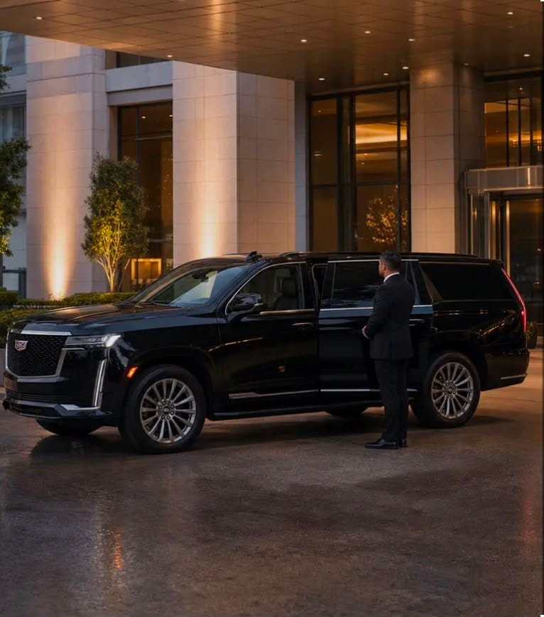 New West Limousine chauffeur standing beside a black Cadillac Escalade ESV at a luxury hotel entrance